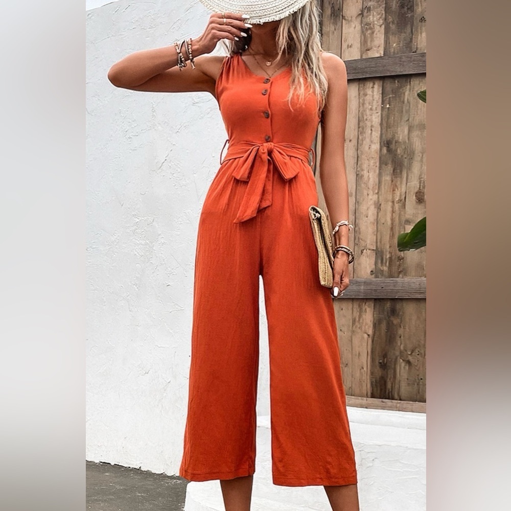 Summer Quench Button Front V Neck Tie Waist Jumpsuit